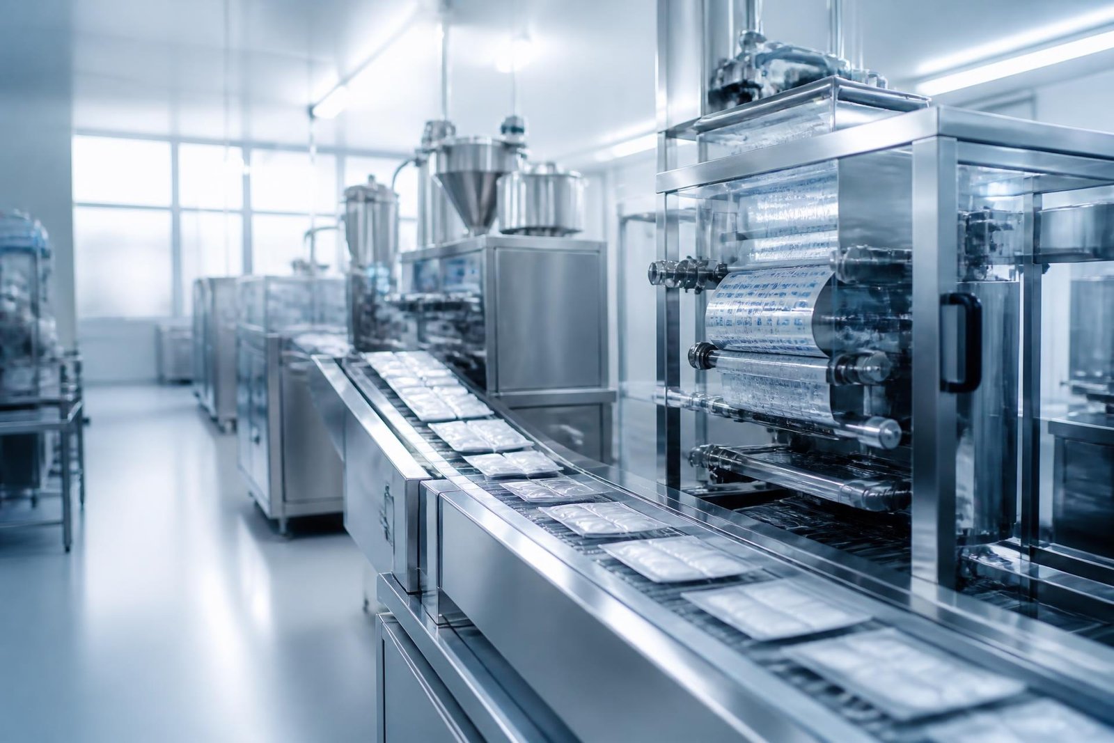 Pharmaceutical packaging line inside a cleanroom facility