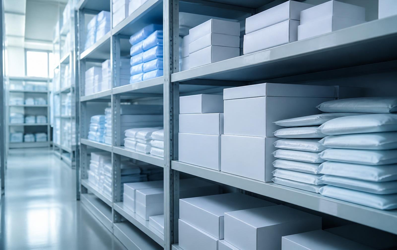 Medical supply cartons stocked on warehouse shelving
